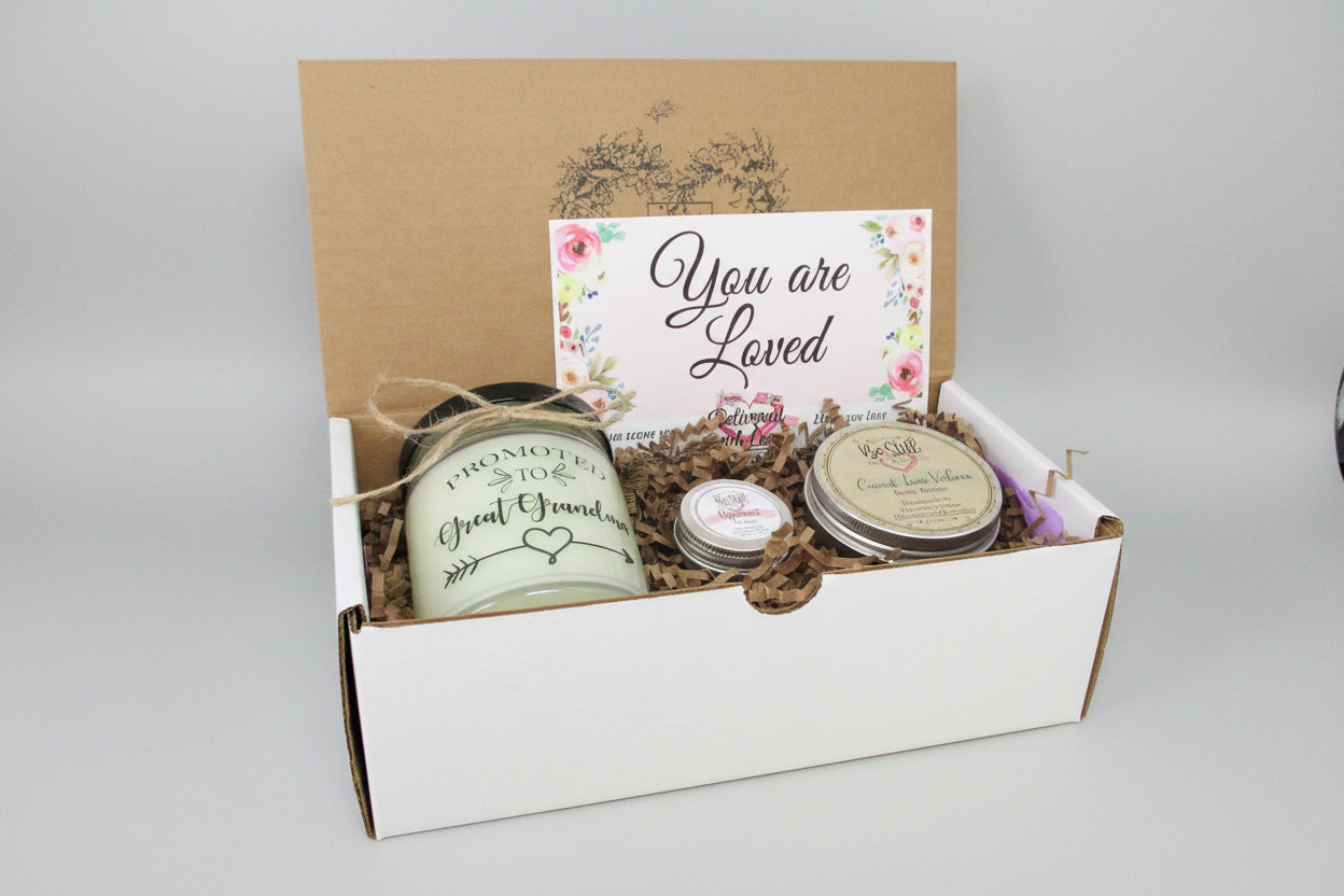 New GREAT GRANDMA GIFT | Promoted to Great Grandma | Great Grandmother Candle | Self Care Gift Box | New Baby, Congratulations