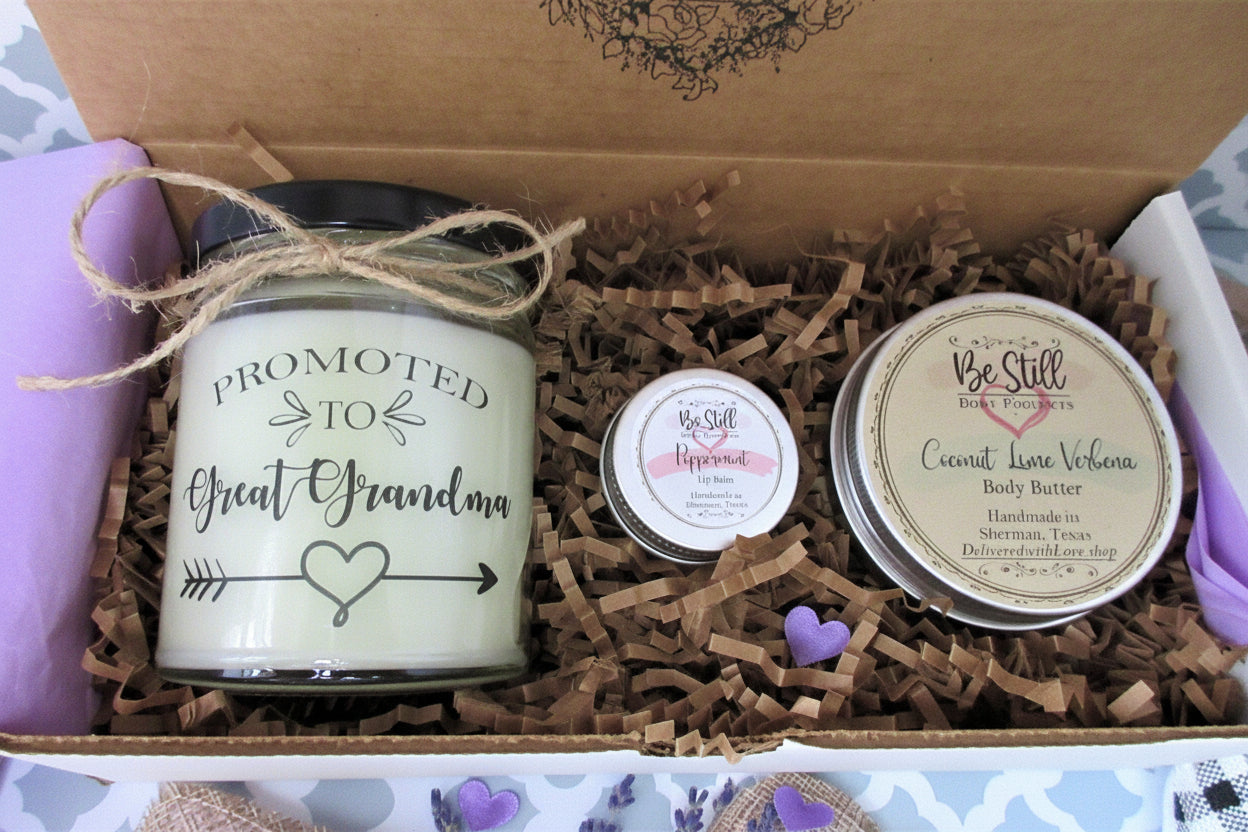 New GREAT GRANDMA GIFT | Promoted to Great Grandma | Great Grandmother Candle | Self Care Gift Box | New Baby, Congratulations