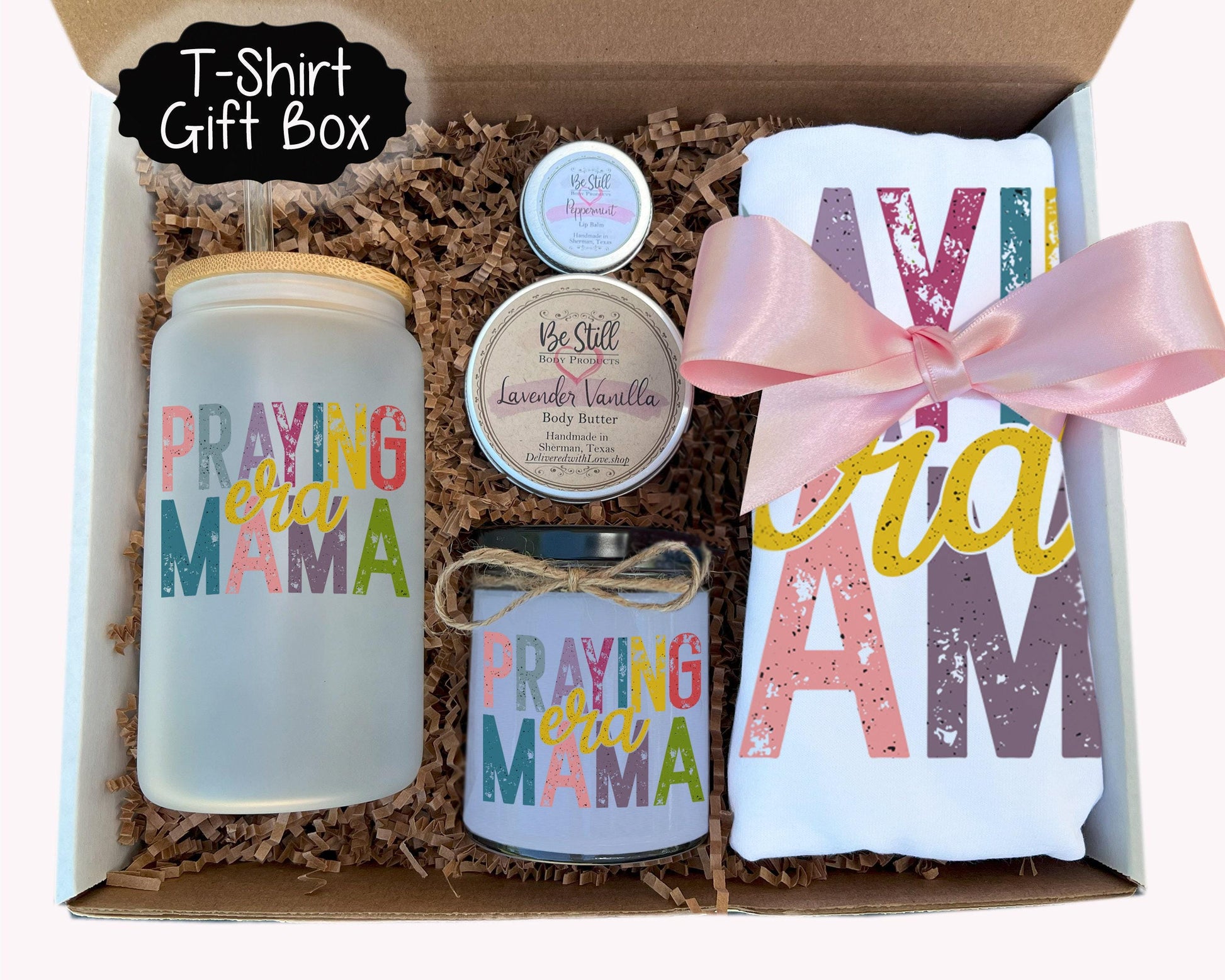 Praying Mama Era Gift Box -  Custom T-Shirt, Candle, Glass Can, Handmade Spa Items | Christian Mom Gift