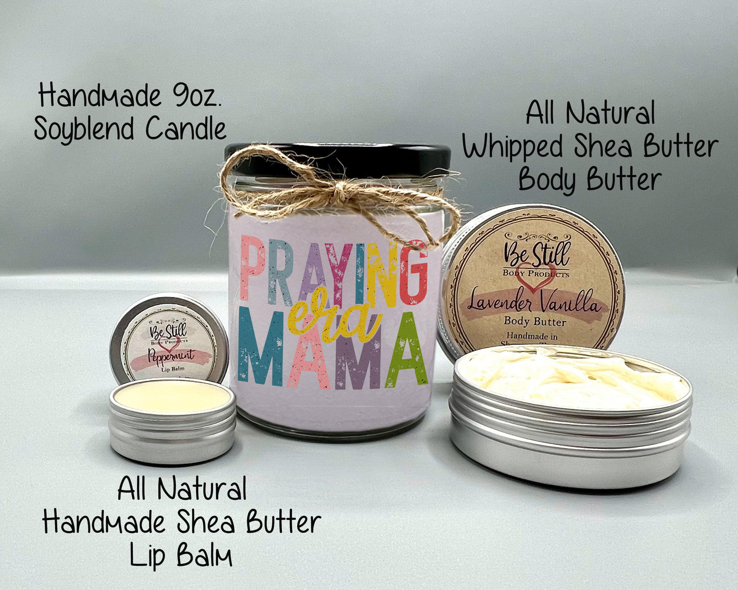 Praying Mama Era Gift Box -  Custom T-Shirt, Candle, Glass Can, Handmade Spa Items | Christian Mom Gift