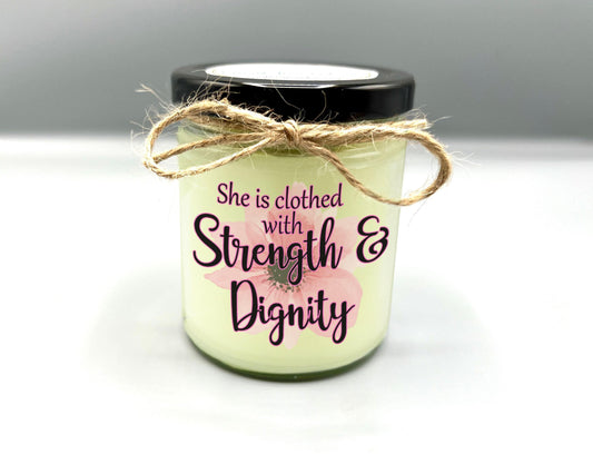 Proverbs 31 Candle | She is Clothed with Strength and Dignity | Bible Verse Candle | Christian Gift | Custom Candle | Christian Home Decor