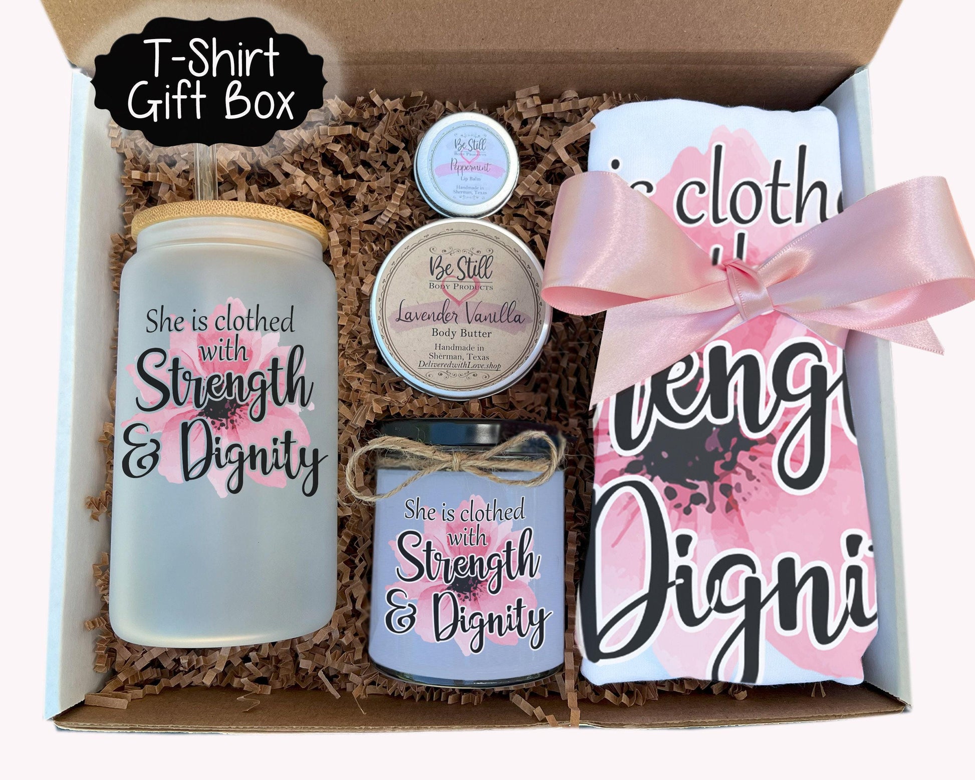 Proverbs 31 Christian Gift Box- Candle, T-Shirt, Tumbler, Spa Items Care Package,  She is Clothed with Strength and Dignity