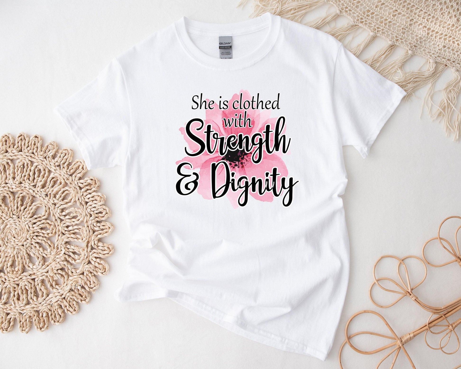 Proverbs 31 Christian Gift Box- Candle, T-Shirt, Tumbler, Spa Items Care Package,  She is Clothed with Strength and Dignity