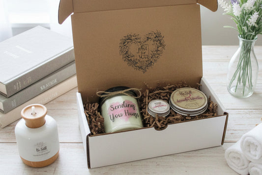SENDING HUGS GIFT | Handmade Candle | Self Care Gift Box | Encouragement, Get Well, Sympathy, Grieving | Mom, Friend, Coworker, Neighbor
