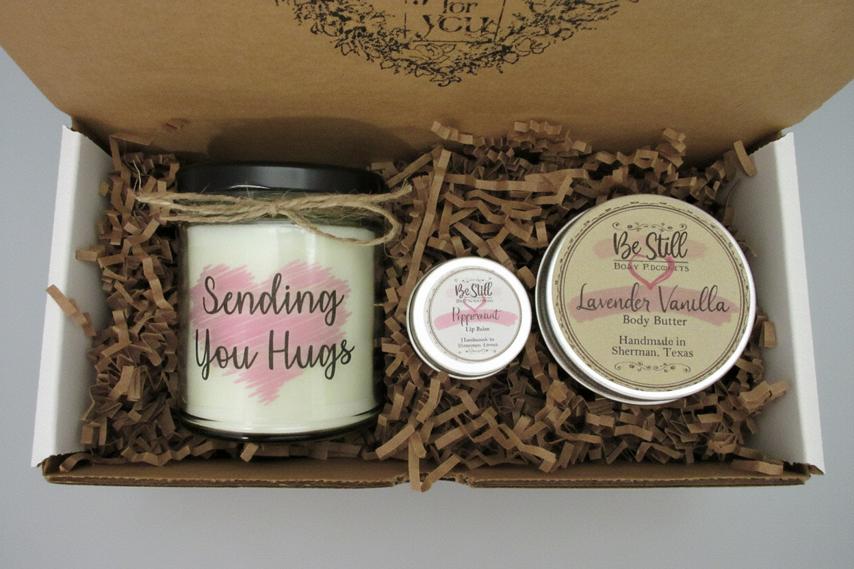 SENDING HUGS GIFT | Handmade Candle | Self Care Gift Box | Encouragement, Get Well, Sympathy, Grieving | Mom, Friend, Coworker, Neighbor