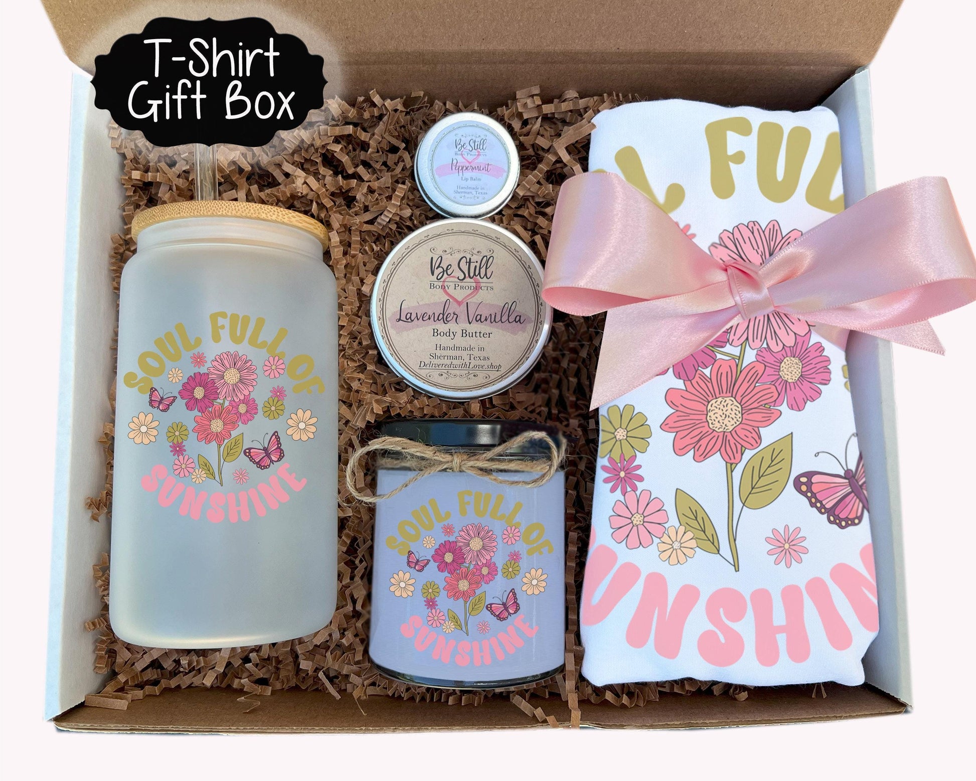 Soul Full of Sunshine Gift Box - Custom Candle, T-Shirt, Glass Can, Handmade Spa Items,  Gift for You or a Loved One