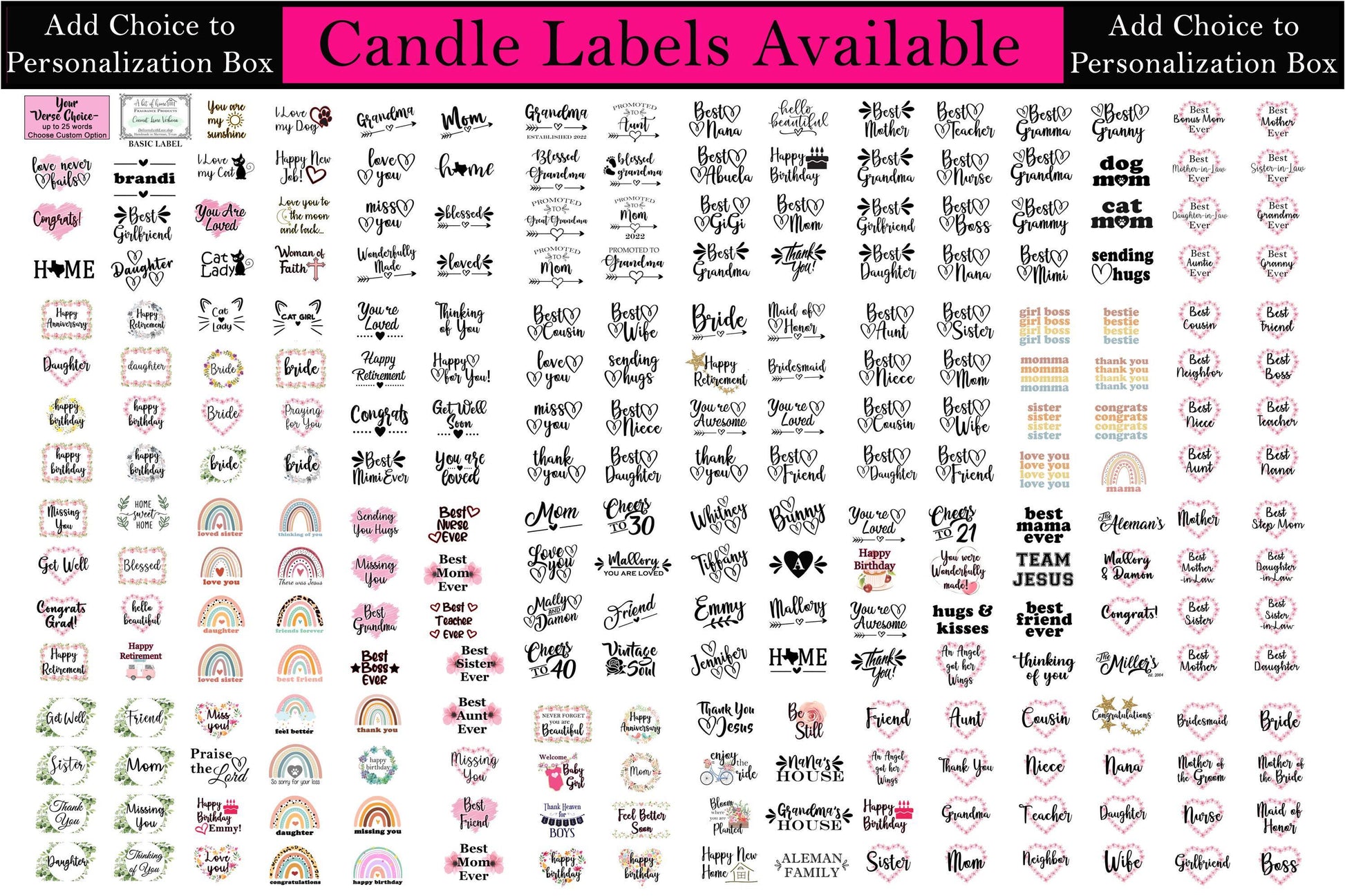 a large collection of labels with the words candle labels available