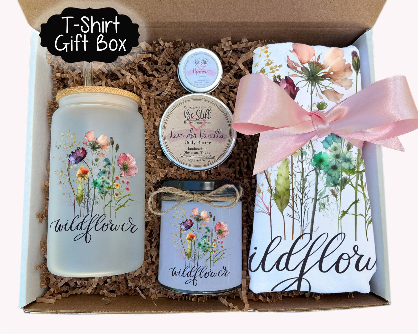 Wildflower T-Shirt Gift Box with Custom Candle, T-Shirt, Tumbler and Spa Items - Handmade Gift - Perfect for You or as a Thoughtful Present