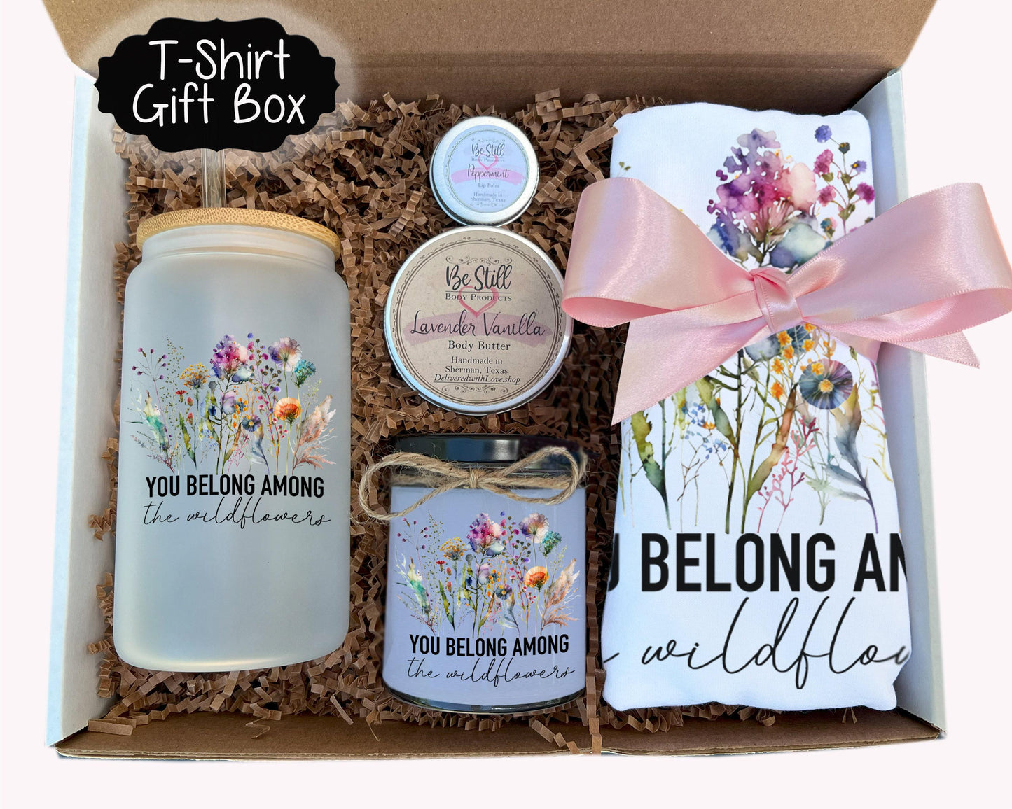Wildflower T-Shirt Gift Set - Custom Candle, T-Shirt, Glass Can, Spa Items - You Belong Among the Wildflowers