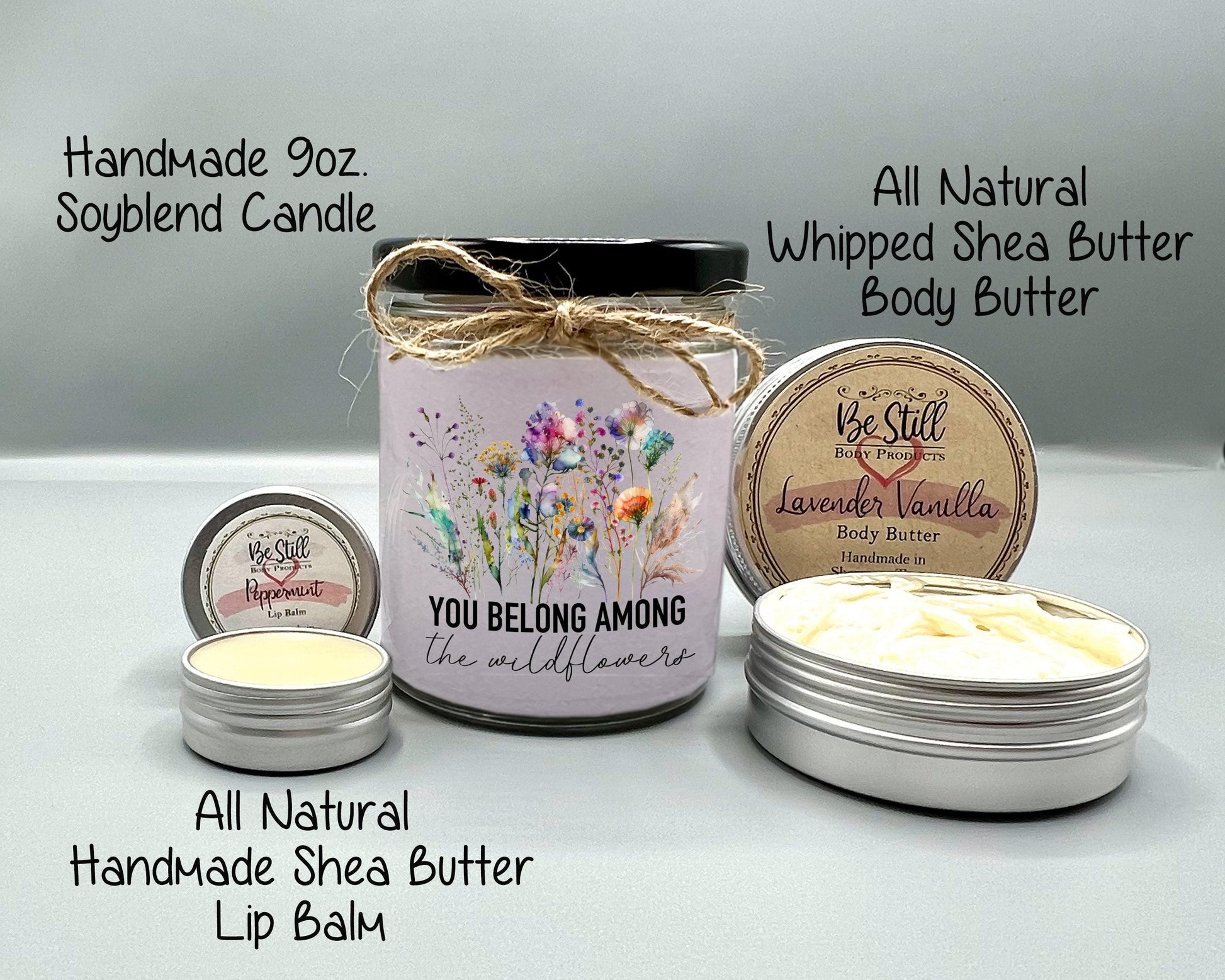 Wildflower T-Shirt Gift Set - Custom Candle, T-Shirt, Glass Can, Spa Items - You Belong Among the Wildflowers