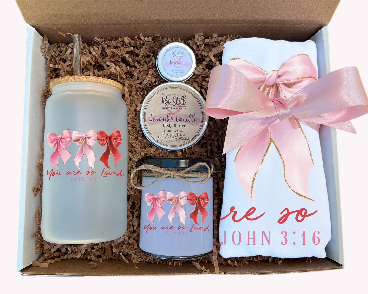 You Are Loved Gift Box, John 3 16, T-Shirt, Candle, Glass Can, Handmade Spa Items, Care Package for Her, Gift for Her