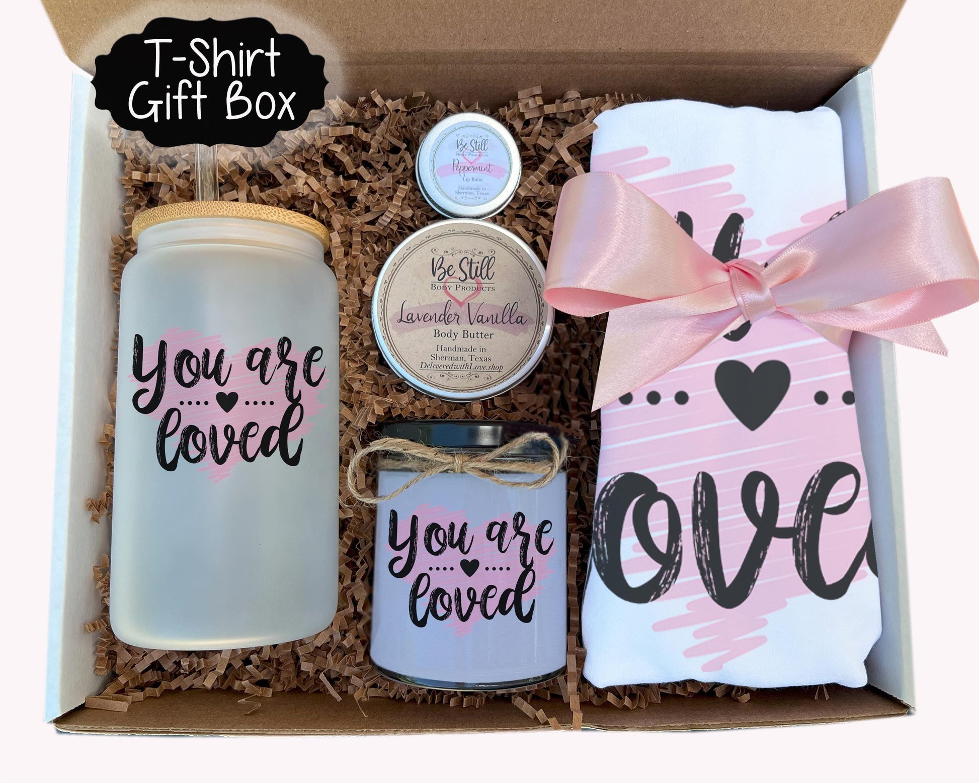 You Are Loved Gift Box, T-Shirt, Candle, Glass Can, Handmade Spa Items, Care Package for Her, Gift for Her